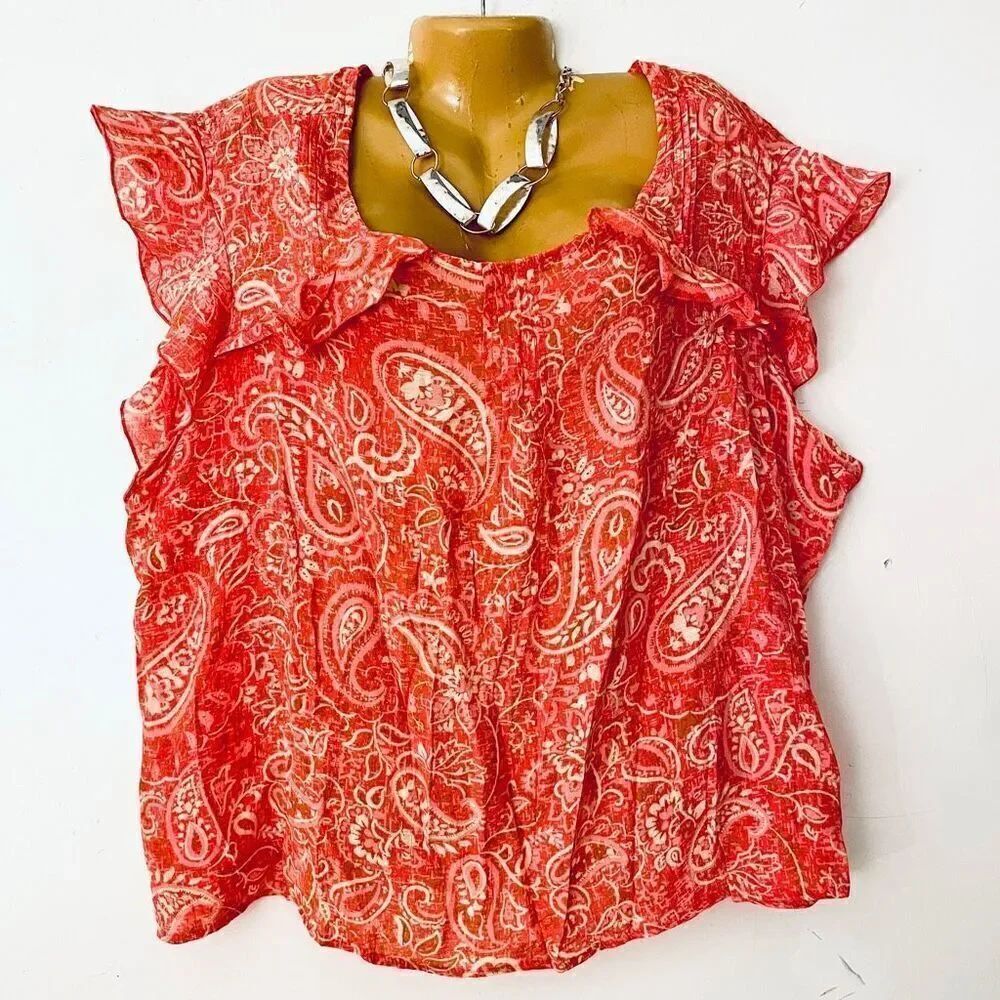 NWT Gorgeous ZAC & RACHEL 3X Coral Pink Floral Print Short Ruffle Sleeve Top